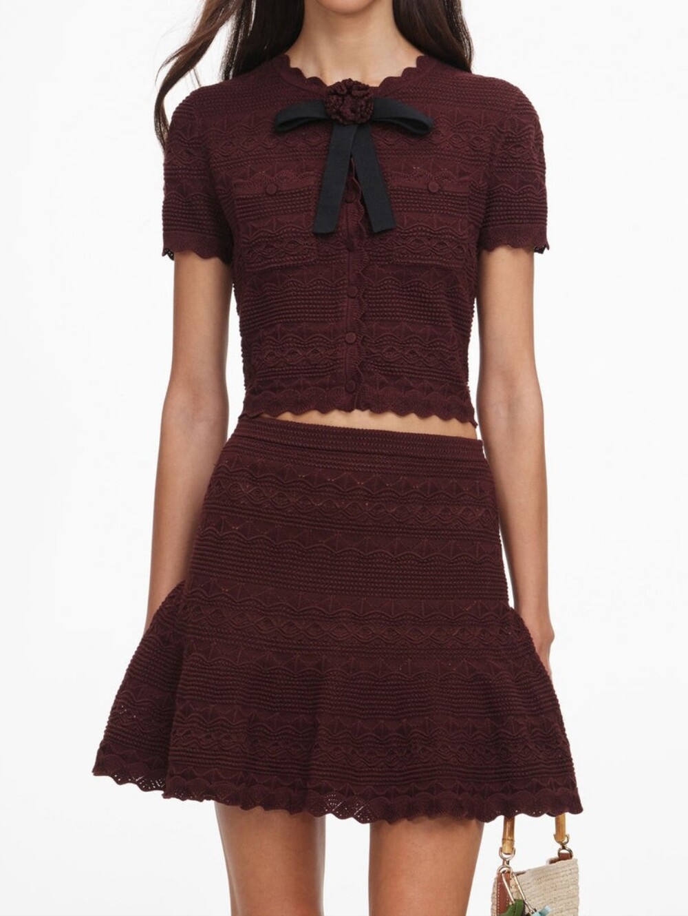 Self Portrait Brown Pointelle Knit Top With Matching Mini Skirt Set - Picture 4 of 16